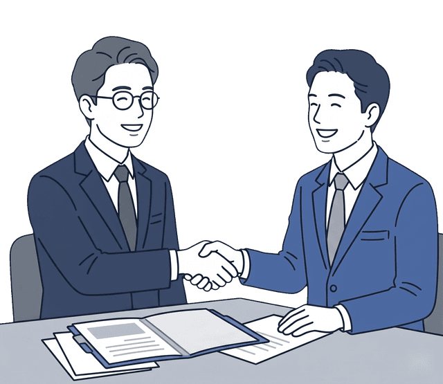 士業の先生とお客様が問題を解決し、共に笑顔を見せているイラスト。