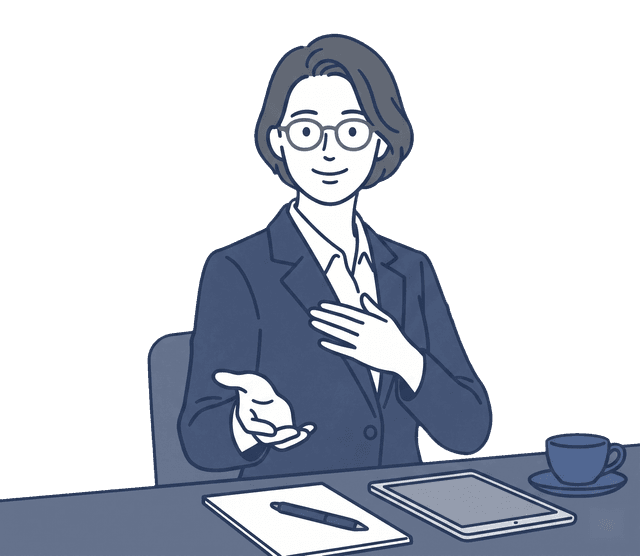 紺色のスーツの女性税理士が安心してくださいと微笑むイラスト。