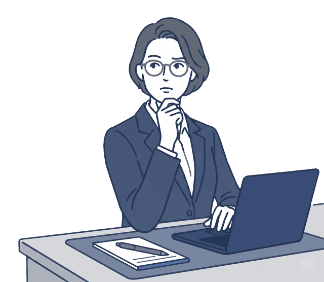 紺色のスーツの女性税理士がパソコンを前に考え込んでいるイラスト。