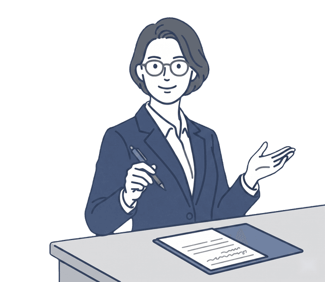 紺色のスーツの女性税理士がペンを手に、お客様にアドバイスしているイラスト。