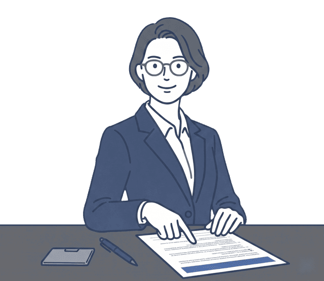紺色のスーツの女性税理士が契約書を広げ、お客様に説明しているイラスト。