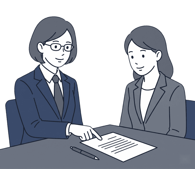 紺色のスーツの女性税理士が女性客と一緒に契約書を見て確認しているイラスト。