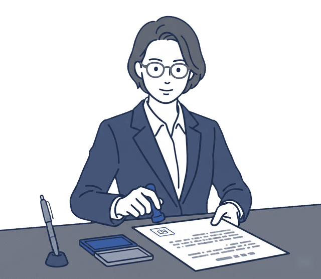 紺色のスーツの女性税理士が書類にはんこを押しているイラスト。