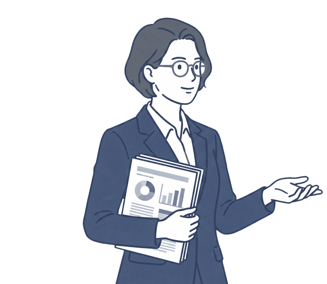 紺色のスーツの女性税理士が書類を持ち、右手を前に差し出しているイラスト。