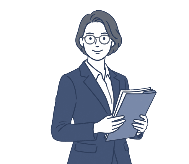 紺色のスーツの女性税理士が書類を手に持ち、正面を向いて立っているイラスト。