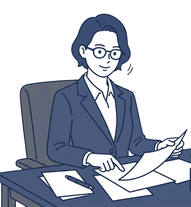 女性の士業の先生が書類を手に確認しながら頷いているイラスト