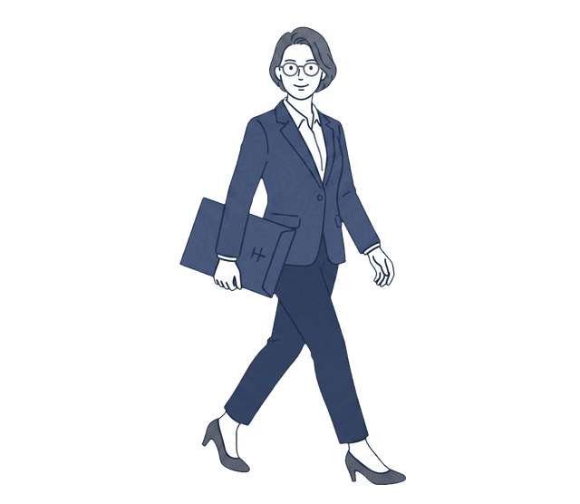 紺色のスーツの女性税理士が書類袋を手に、歩いているイラスト。