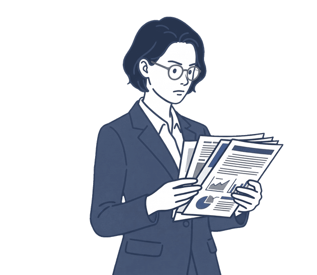 紺色のスーツの女性税理士が真剣な表情で書類を読んでいるイラスト。
