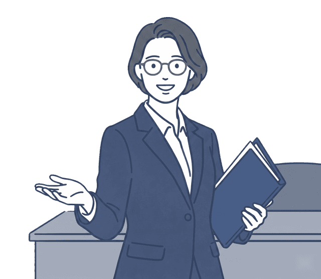 紺色のスーツの女性税理士が笑顔でお客様を迎え入れているイラスト。