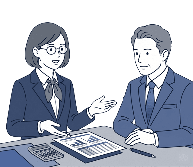 紺色のスーツの女性税理士が経営者に資料を見せながら財務状況を報告しているイラスト。