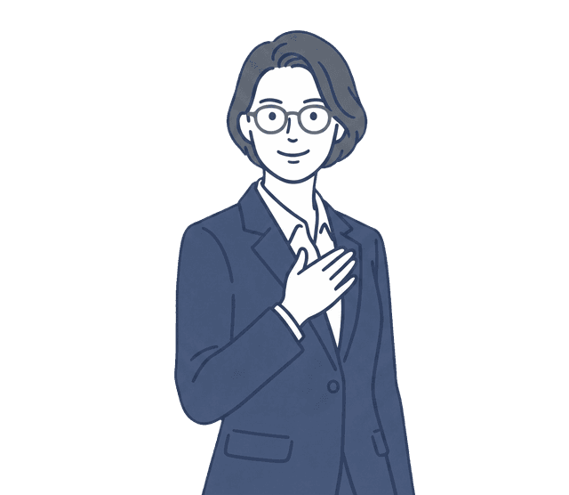 紺色のスーツの女性税理士が胸に手を当て、自信のある表情を見せているイラスト。