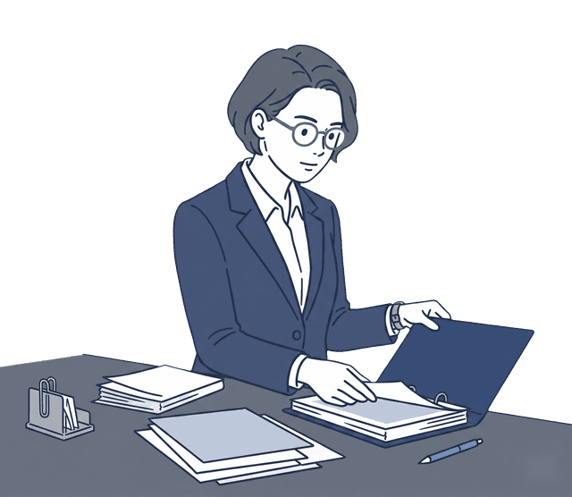 紺色のスーツの女性税理士が複数の書類を丁寧に整理しているイラスト。