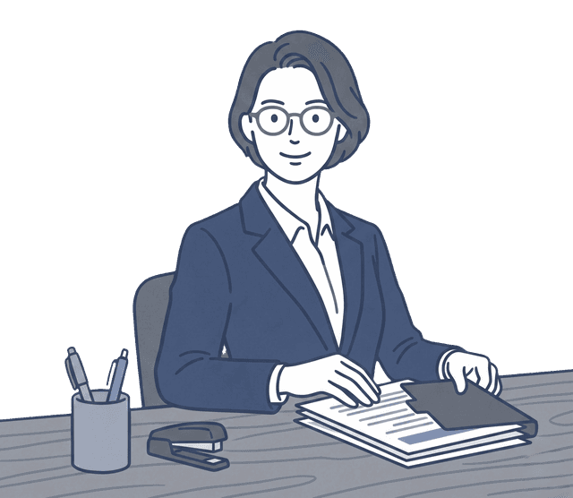 紺色のスーツの女性税理士が机に座り、資料をまとめる作業をしているイラスト。