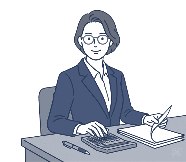 紺色のスーツの女性税理士が電卓を叩きながら計算しているイラスト。