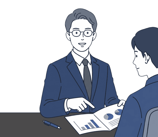 紺色のスーツの男性税理士が、机を挟んで座るお客様に資料を広げながら丁寧に説明しているイラスト。