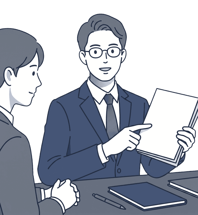 男性の士業の先生がお客様に資料を見せながら節税について説明しているイラスト
