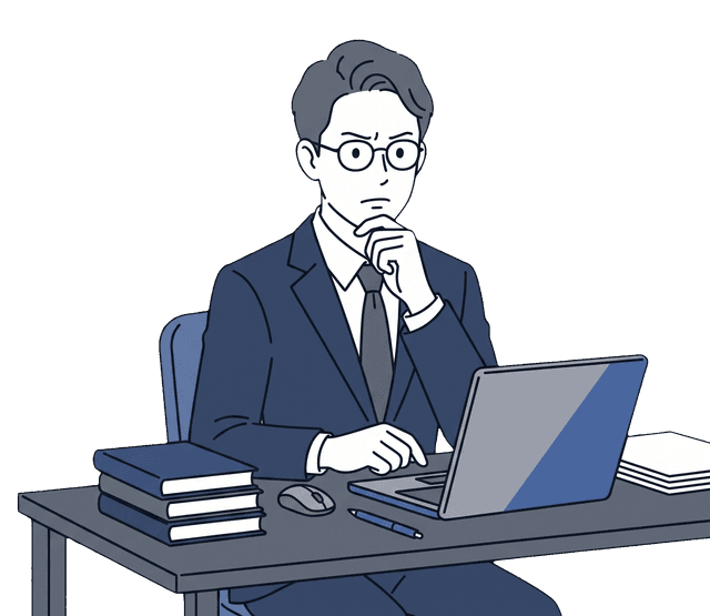紺色のスーツの男性税理士がパソコンを前に考え込んでいるイラスト。