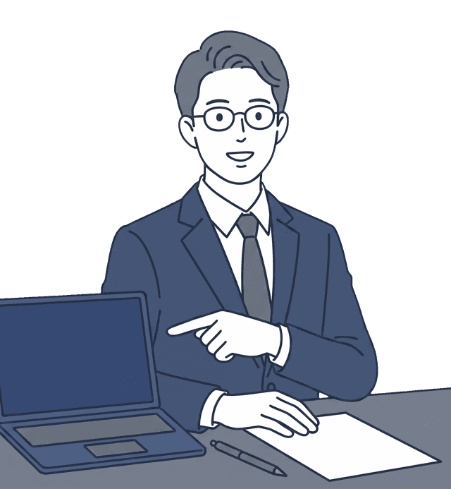 男性の士業の先生がパソコン画面を指差しながらお客様に説明しているイラスト