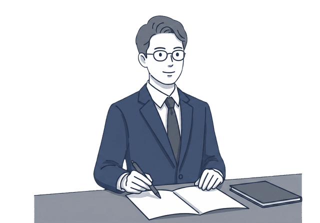 男性の士業の先生がペンを手に持ちながらお客様にアドバイスしているイラスト