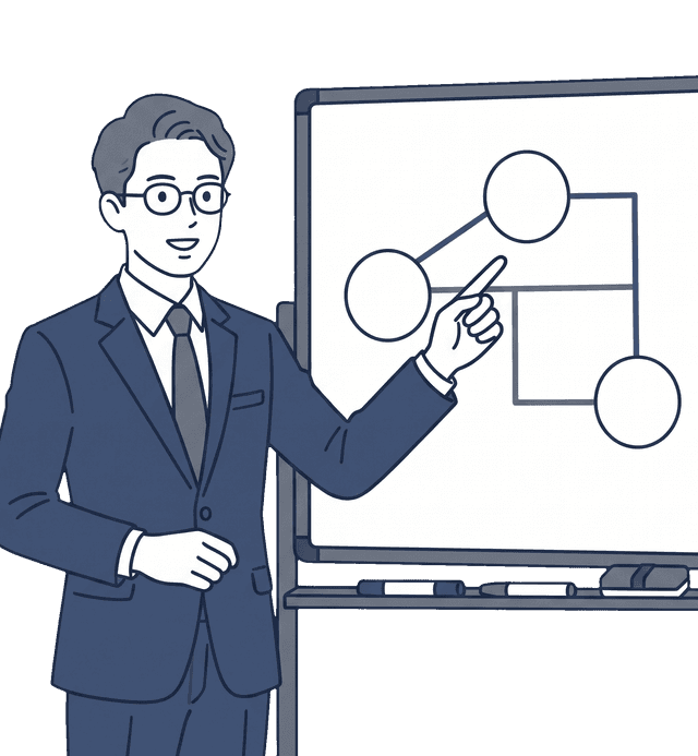 男性の士業の先生がホワイトボードを使って解説しているイラスト