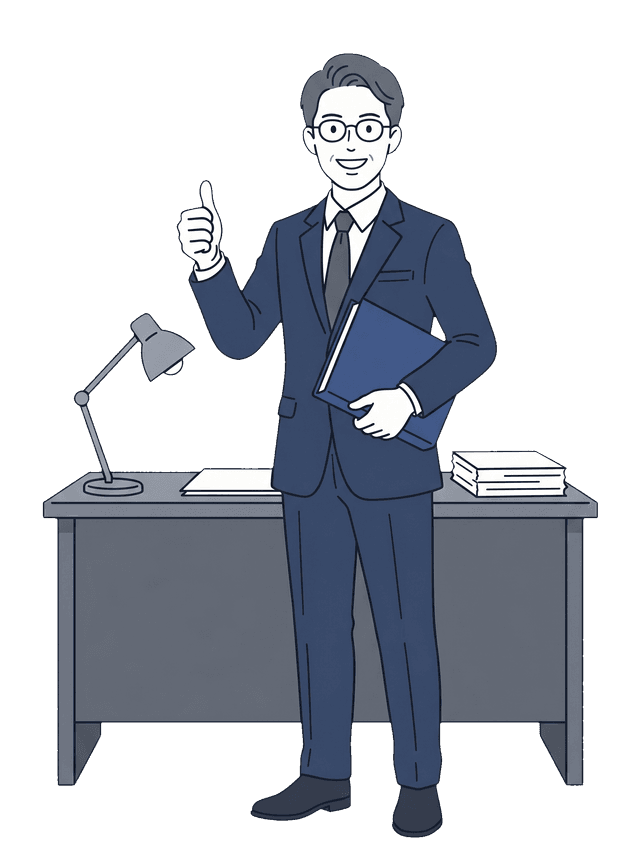 紺色のスーツの男性税理士が問題を解決し、晴れやかな表情を見せているイラスト。