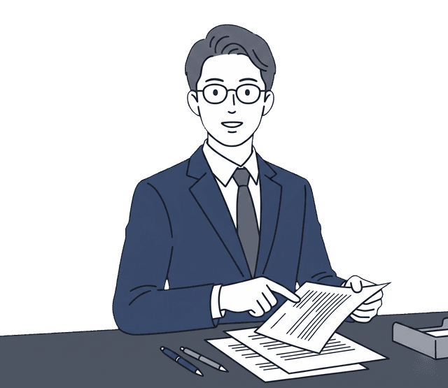 紺色のスーツの男性税理士が契約書を広げ、お客様に説明しているイラスト。