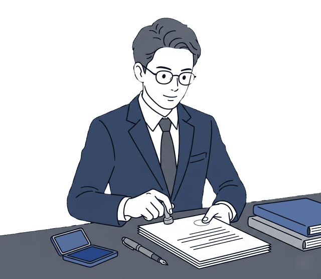 紺色のスーツの男性税理士が書類にはんこを押しているイラスト。