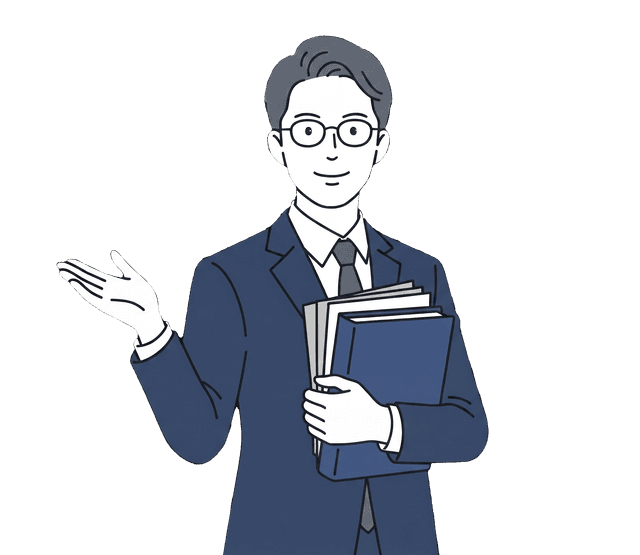 紺色のスーツの男性税理士が書類を持ち、右手を前に差し出しているイラスト。
