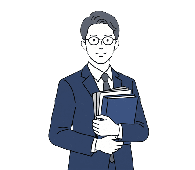 紺色のスーツの男性税理士が書類を手に持ち、正面を向いて立っているイラスト。