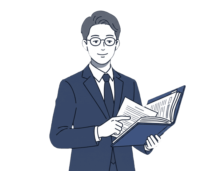 紺色のスーツの男性税理士が書類を確認しながら頷いているイラスト。