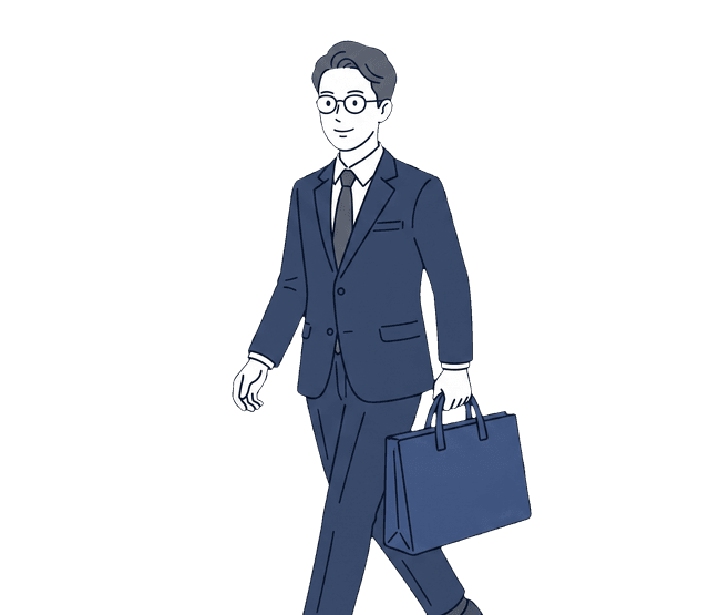 紺色のスーツの男性税理士が書類袋を手に、歩いているイラスト。
