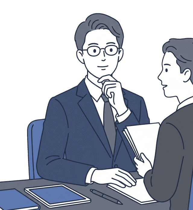男性の士業の先生が男性のお客様に法律相談で対応しているイラスト