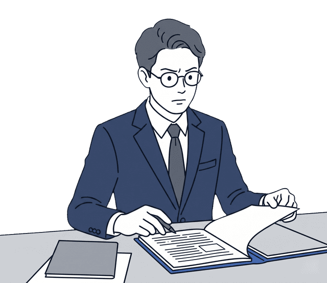 紺色のスーツの男性税理士が真剣な表情で書類を読んでいるイラスト。