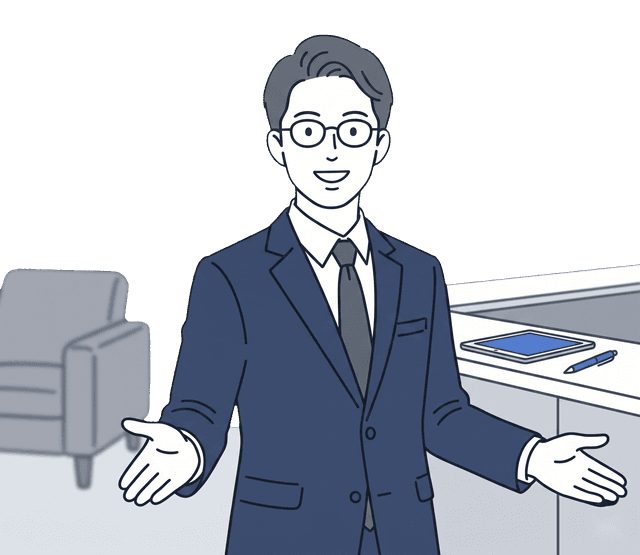 紺色のスーツの男性税理士が笑顔でお客様を迎え入れているイラスト。