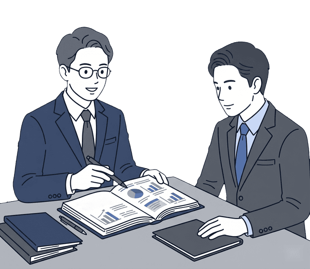 紺色のスーツの男性税理士が経営者に決算書を見せながら説明しているイラスト。