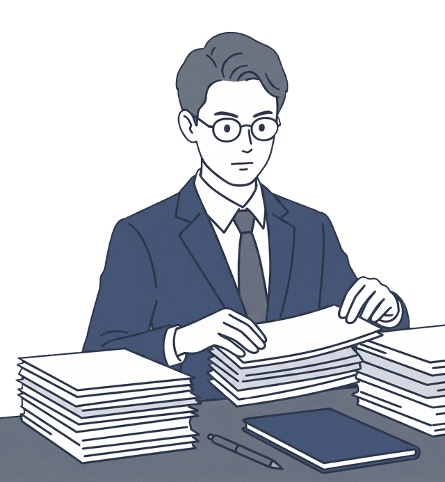 男性の士業の先生が複数の書類を丁寧に整理しているイラスト