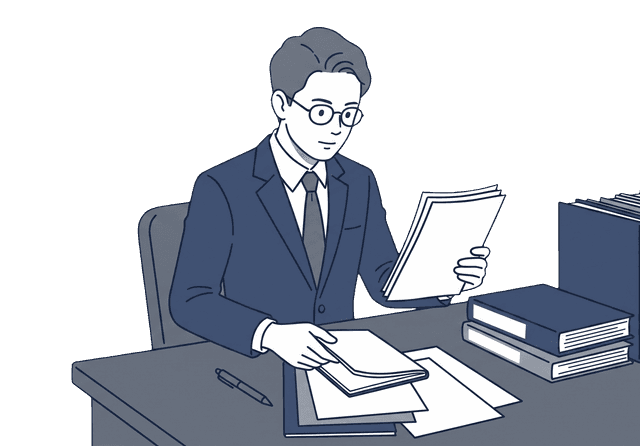 男性の士業の先生が机に座って資料をまとめながら作業しているイラスト