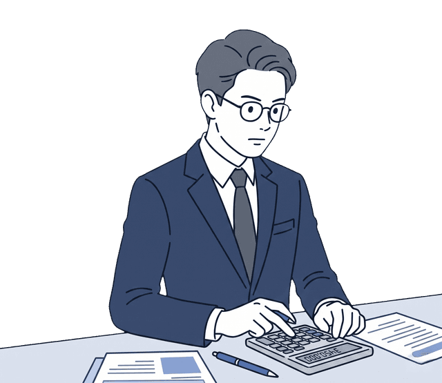 紺色のスーツの男性税理士が電卓を叩きながら計算しているイラスト。