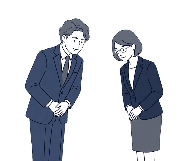 士業の先生が女性のお客様に丁寧にお辞儀をしているイラスト。