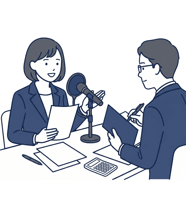 声優として独立した若い女性がマイクと台本を手にスタジオ収録の機材費や交通費の経費計上について税理士に相談しているイラスト