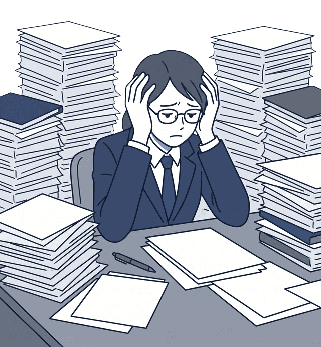 女性がたくさんの書類に囲まれて途方に暮れているイラスト