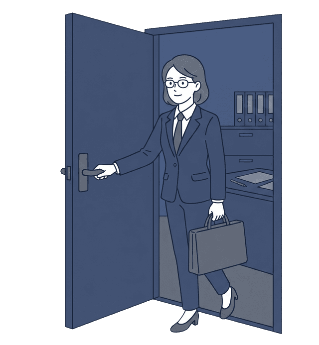 女性が事務所のドアを開けて入ってくるイラスト
