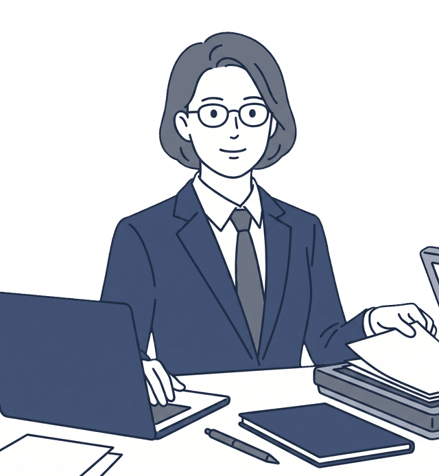 女性がパソコンで書類をスキャンしながらデジタル化して管理しているイラスト