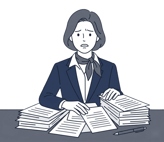 女性がたくさんの書類に囲まれ、困り果てた表情をしているイラスト。