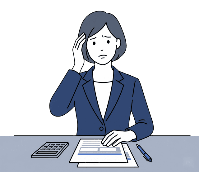 女性が確定申告書類を前に、やり方がわからず困っているイラスト。