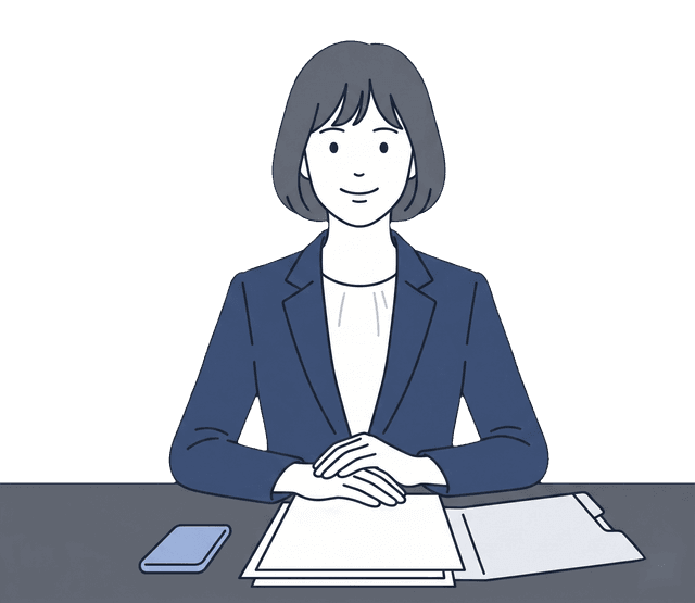 女性が解決した書類を前に、安心した笑顔を見せているイラスト。