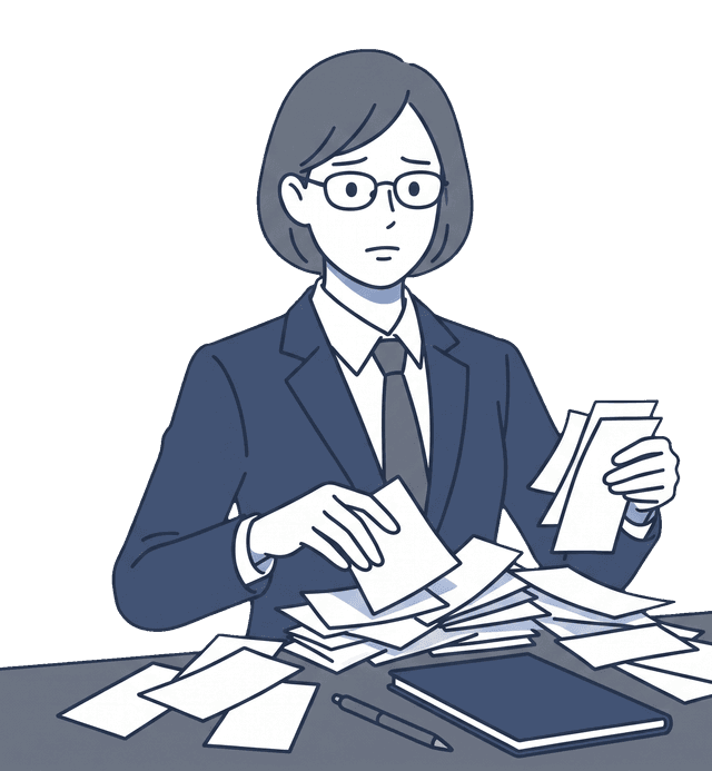 女性が大量の領収書の整理に追われているイラスト