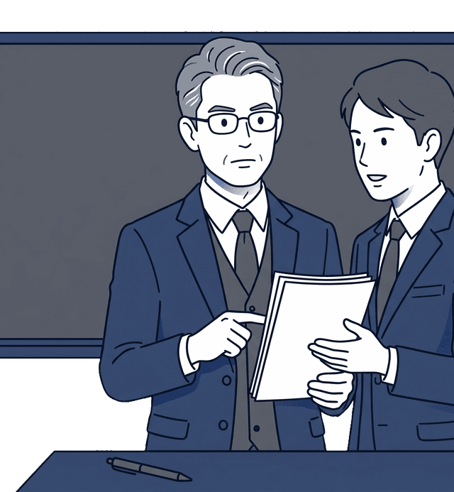 学習塾を経営する50代の男性塾長が黒板の前で講師アルバイトの給与計算と源泉徴収について社労士に質問しているイラスト
