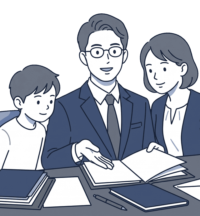 家族が一緒に集まりテーブルを囲んで大切な書類について話し合っているイラスト