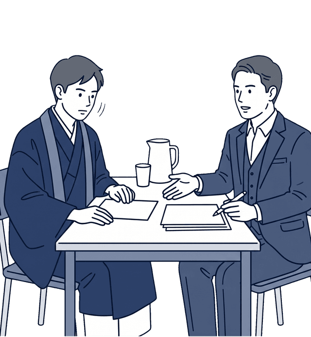 寺院の若い住職が袈裟姿で宗教法人の収益事業と公益事業の区分について税理士から説明を受けて頷いているイラスト